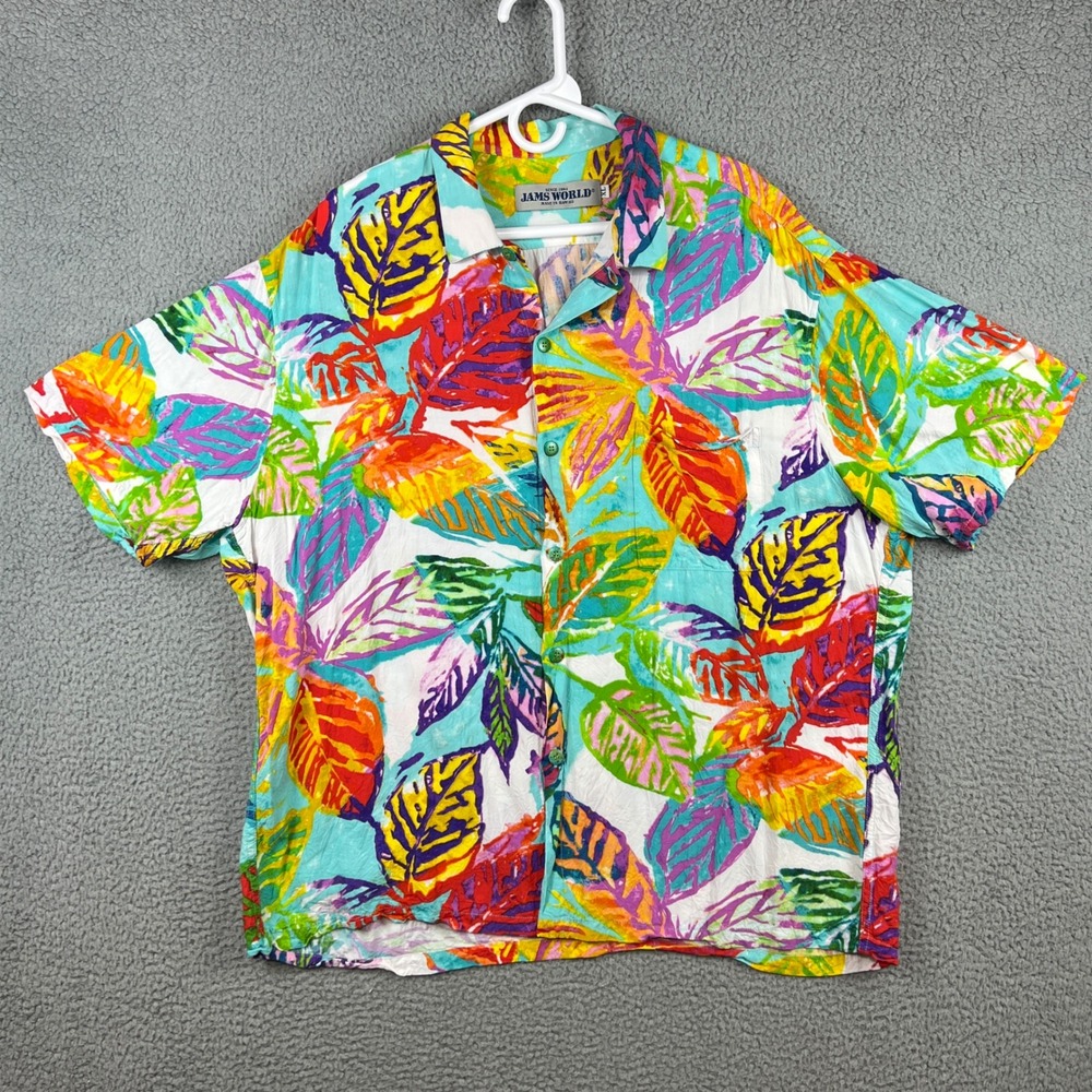 Jams World Hacienda Mens XL Hawaiian Shirt Rayon Leaf Print Made in Hawaii USA